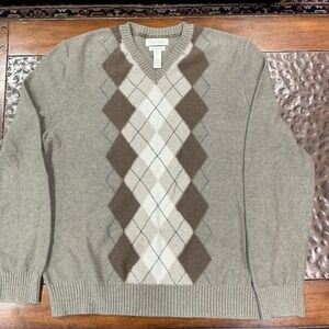 BANANA REPUBLIC Mens Large Brown Cotton Angora Cashmere Blend Argyle Sweater